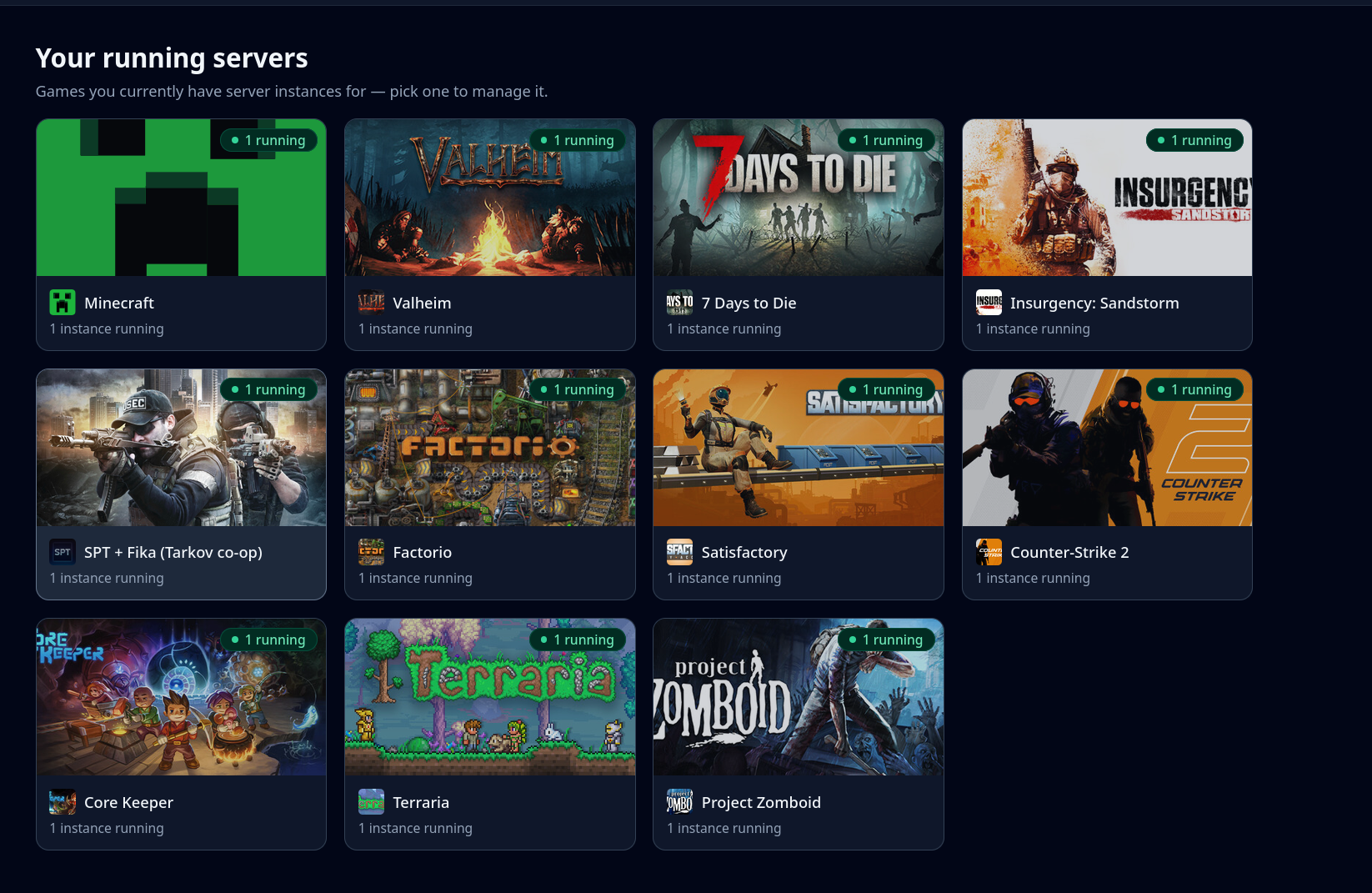 GameCTL game hub — running servers